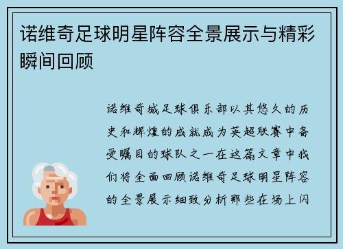 诺维奇足球明星阵容全景展示与精彩瞬间回顾